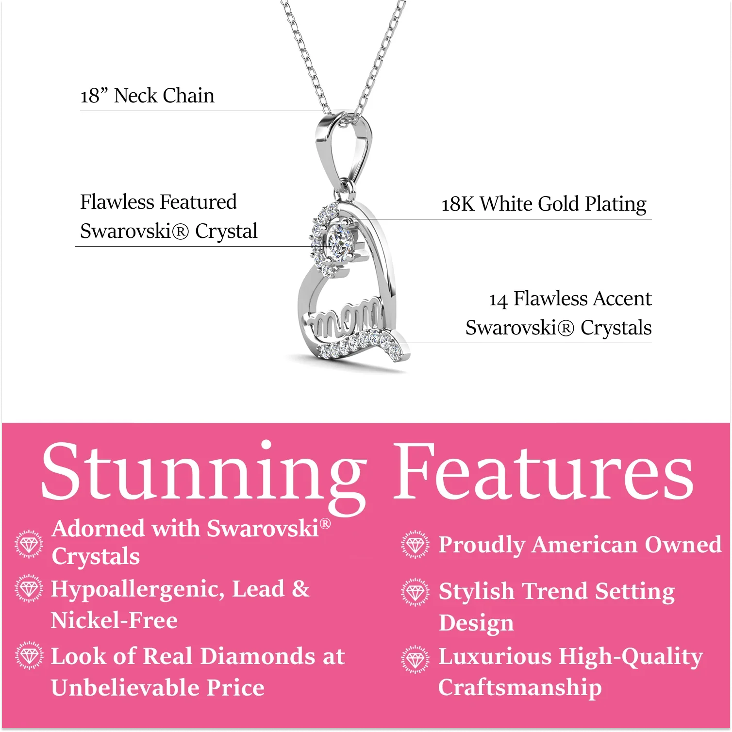 Thelma 18k White Gold Plated Mom Heart Necklace with Simulated Diamond Crystals - Image 3