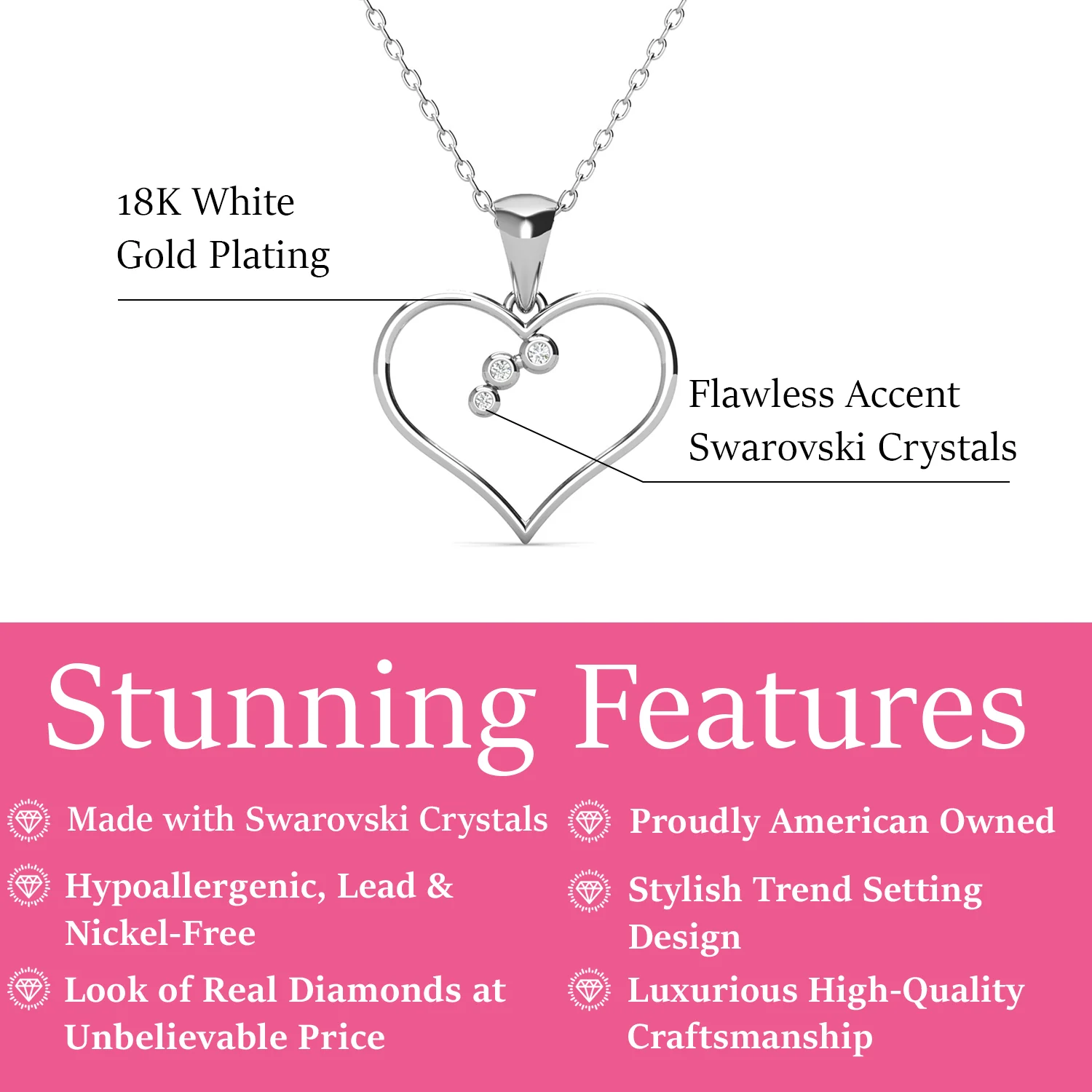 Valentina 18k White Gold Plated Silver Heart Necklace with Swarovski Crystals - Image 3