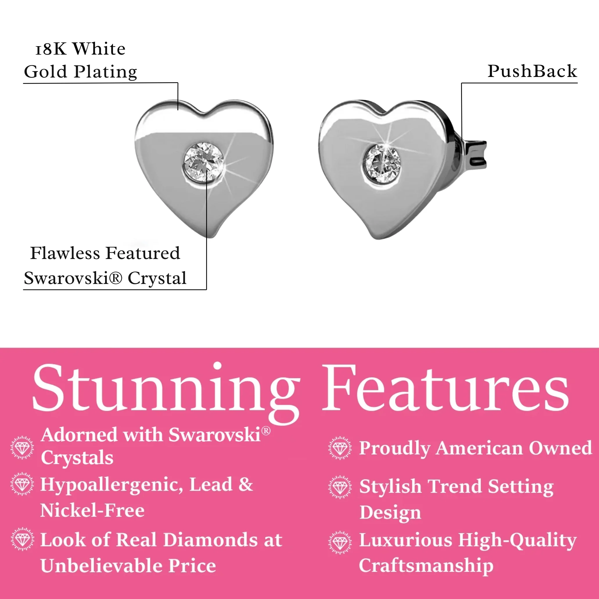 Vanessa 18k White Gold Plated Heart Stud Earrings with Swarovski Crystal — Final Sale - Image 3
