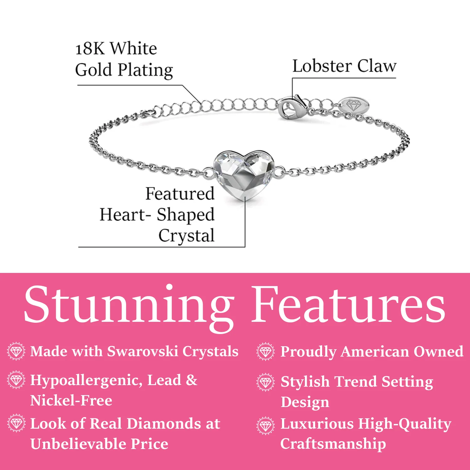 Violet 18k White Gold Plated Heart Bracelet with Swarovski Crystal - Image 3