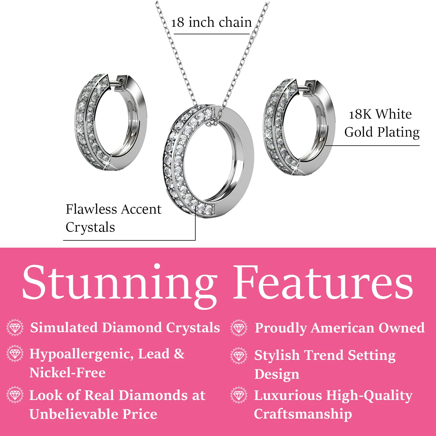 Viviana 18k White Gold Plated Hoop Pendant Necklace and Earring Set with Swarovski Crystals - Image 3