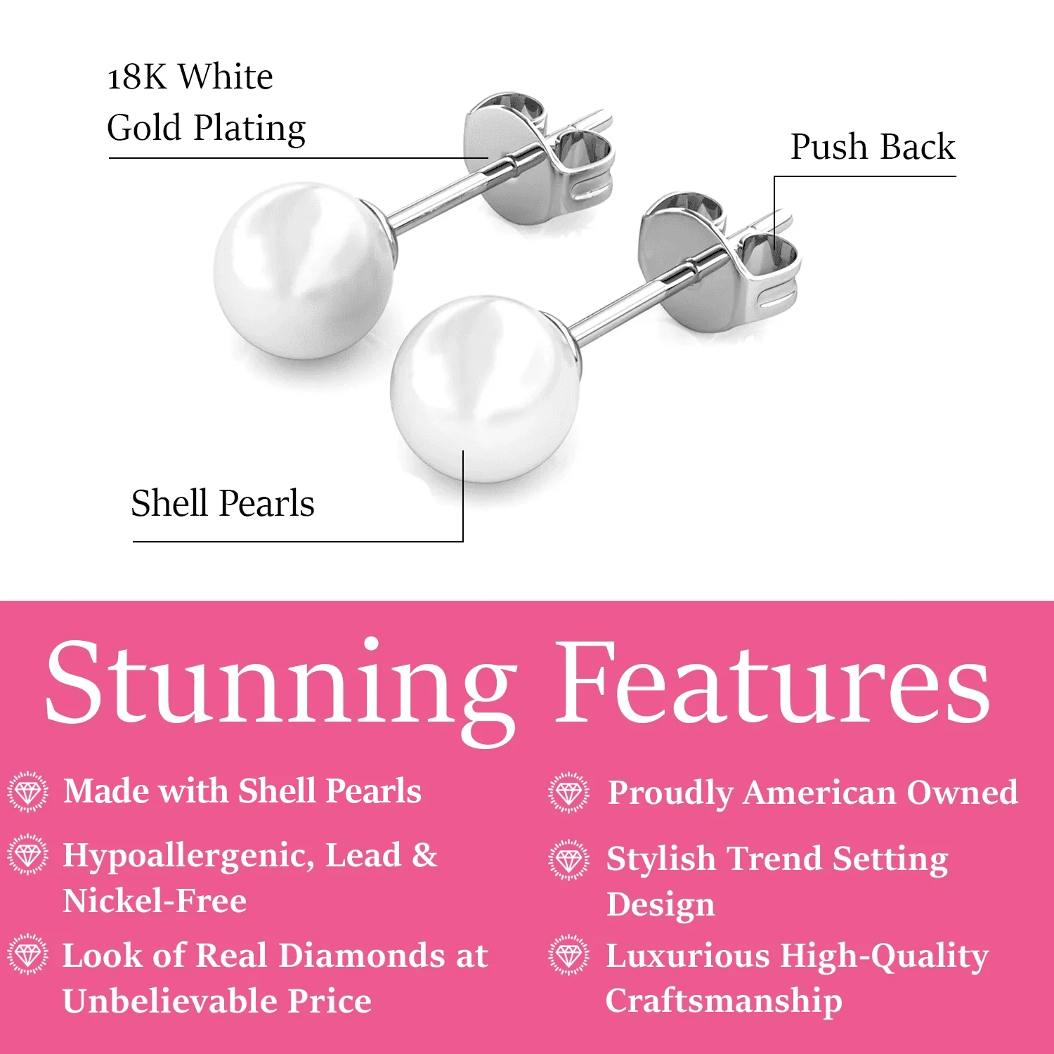 Vivienne 18k White Gold Plated Stud Earrings with Shell Pearls - Image 3