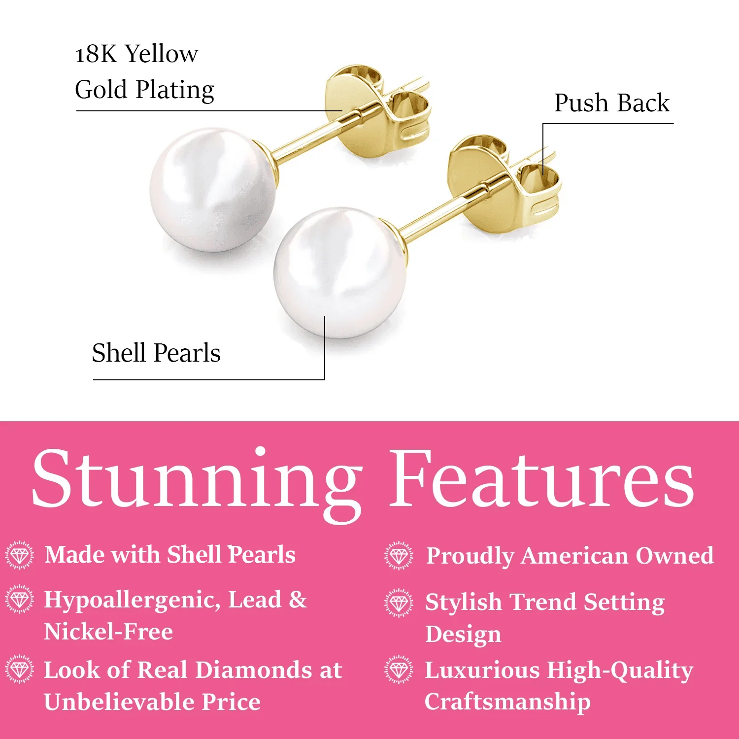 Vivienne 18k White Gold Plated Stud Earrings with Shell Pearls - Image 8