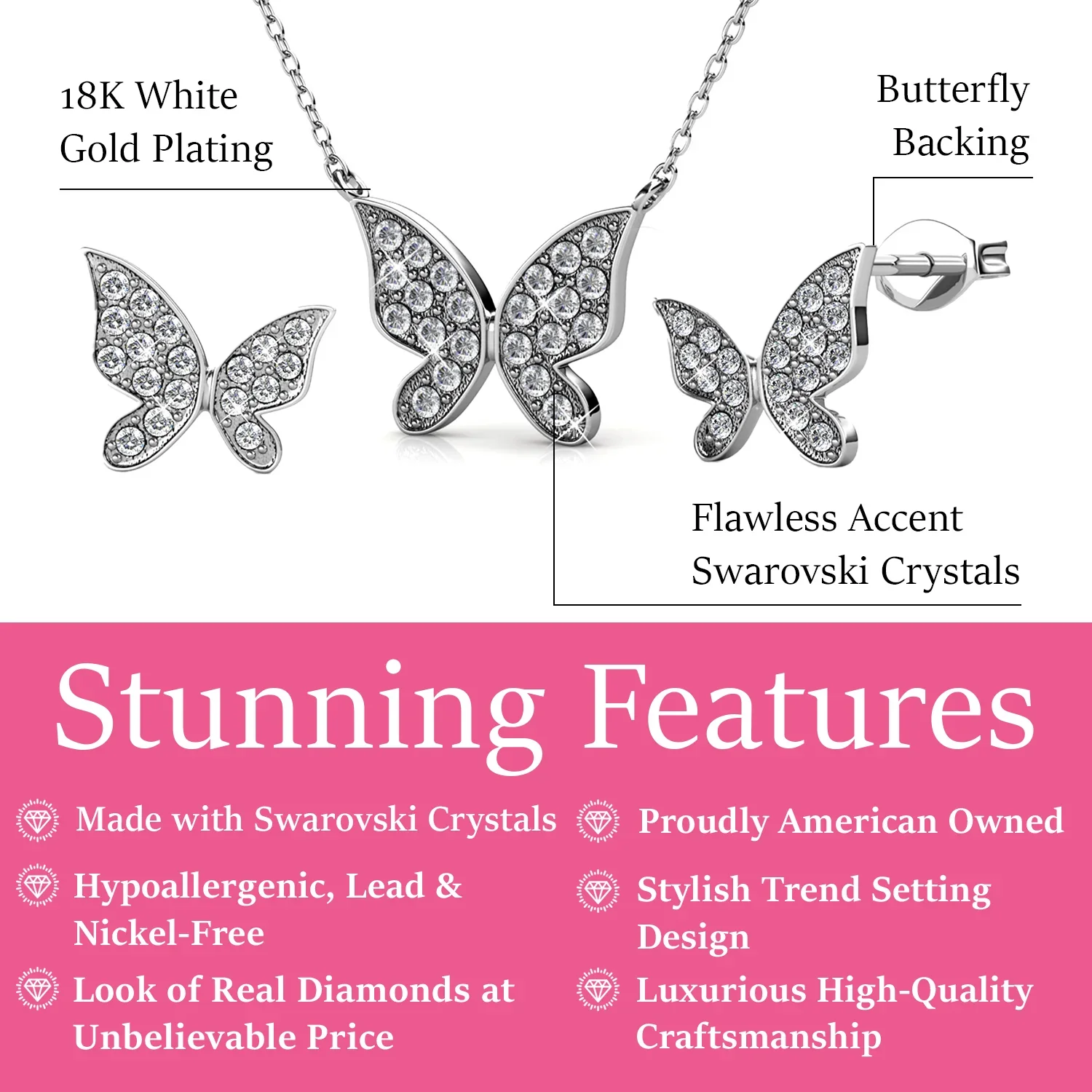 Yuenen 18k White Gold Plated Silver Butterfly Necklace and Earring Set with Swarovski Crystals - Image 3