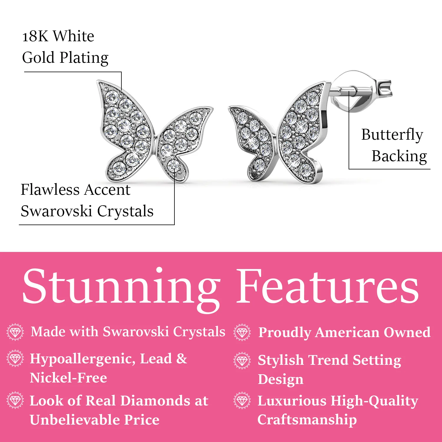 Yuenen 18k White Gold Plated Silver Butterfly Stud Earrings with Swarovski Crystals - Image 3